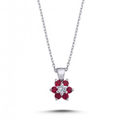 14k White Gold Diamond Ruby Daisy Necklace 2020002