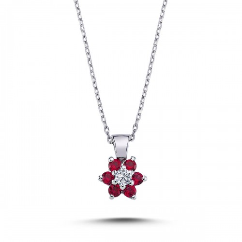 14k White Gold Diamond Ruby Daisy Necklace 2020002