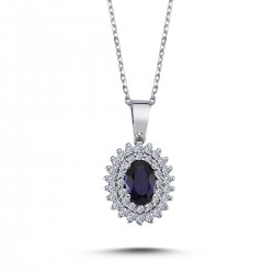 14k White Gold Diamond Oval Sapphire Anturaj Necklace 2020004