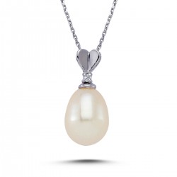 14k White Gold Diamond Drop Pearl Necklace 2040022