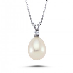 14k White Gold Diamond Drop Pearl Necklace 2040023