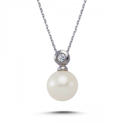 14k White Gold Pearl Necklace with Diamonds 2040024