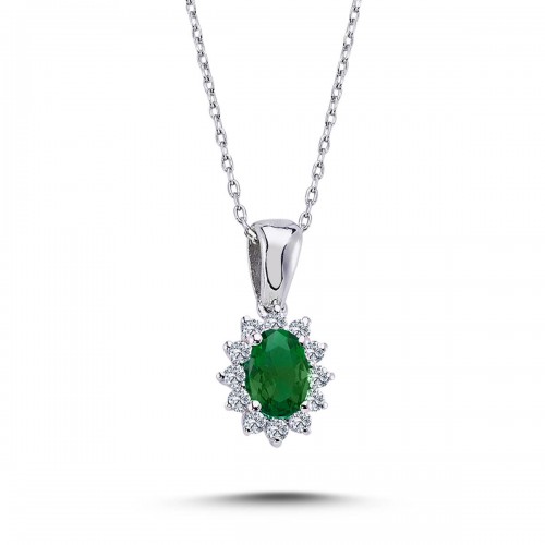 14k White Gold Diamond Oval Emerald Anthracite Necklace 2050001