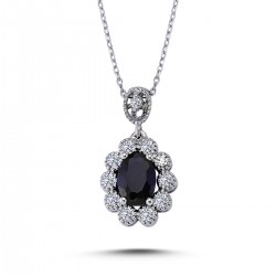 14k White Gold Diamond Oval Sapphire Anturaj Necklace 2070014