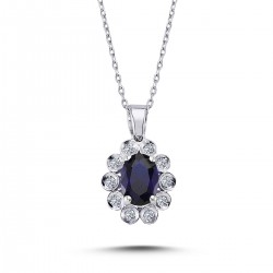 14k White Gold Diamond Oval Sapphire Anturage Necklace 2070016