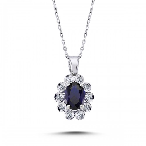 14k White Gold Diamond Oval Sapphire Anturage Necklace 2070016