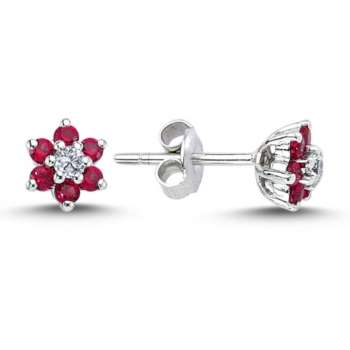 14k White Gold Diamond Ruby Daisy Earrings 3020002