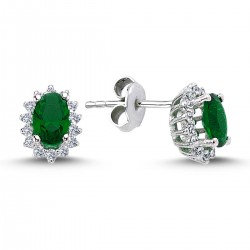 14k White Gold Diamond Oval Emerald Anturage Earrings 3040013