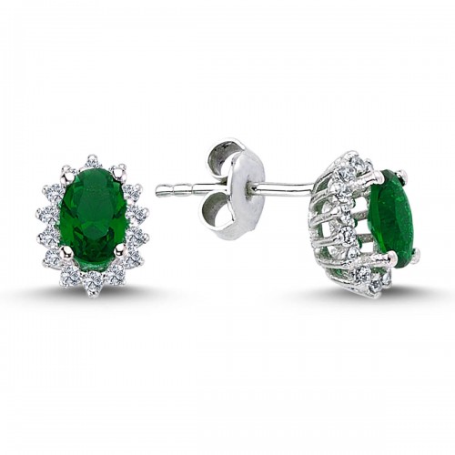 14k White Gold Diamond Oval Emerald Anturage Earrings 3040013