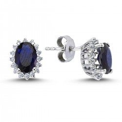 14k White Gold Diamond Oval Sapphire Anturage Earrings 3040014