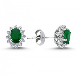 14k White Gold Diamond Oval Emerald Anthracite Earrings 3050001