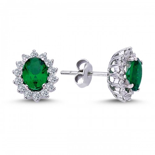 14k White Gold Diamond Oval Emerald Anthracite Earrings 3050003