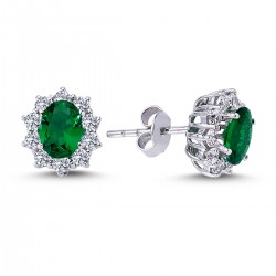 14k White Gold Diamond Oval Emerald Anthracite Earrings 3050006