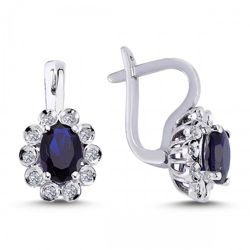 14k White Gold Diamond Oval Sapphire Anturaj Earrings 3070016