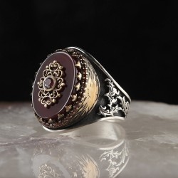 Agate Stone Silver Men Ring