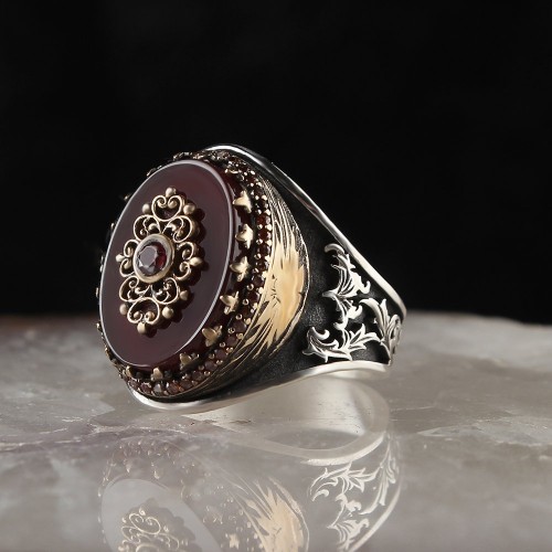 Agate Stone Silver Men Ring