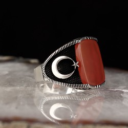 Akik Taşlı Ayyıldızlı 925 Ayar Gümüş Yüzük
