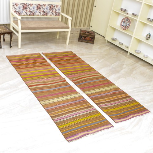 Vintage Turkish Multi-Colored Wool Fethiye Bantası Striped Kilim Runner 1980s